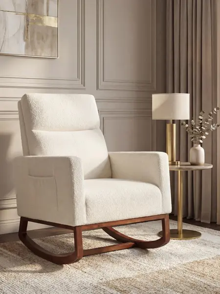 Yaheetech Upholstered Glider Rocking Chair - Solid Wood Legs, High Back, Side Pocket, Reading Chair for Living Room, Bedroom, Reading Chairs