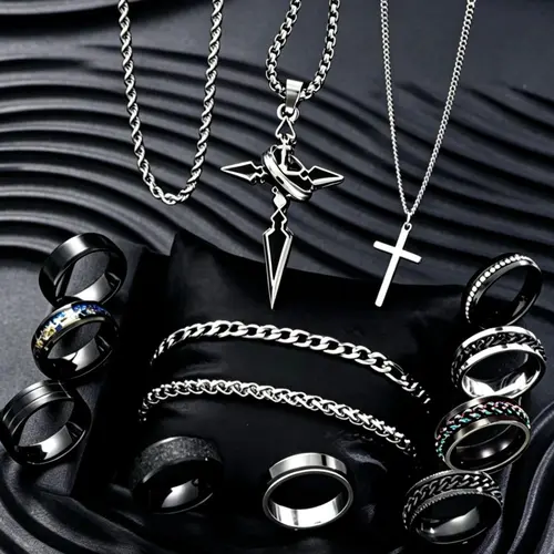 Men's Punk Style Stainless Steel Jewellery Gift Set, Cross Pendant Necklace, Chain Bracelet and Ring, for Party and Daily Wear, Trendy Birthday Gift