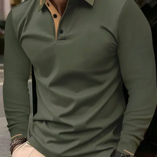 Men's Regular Fit Long Sleeve Polo Shirt, Casual Design, Casual Golf Polo, Casual Fashion Button Collared Top for Spring & Fall, Men's Clothes for Daily Wear