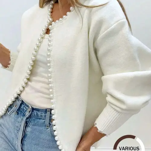 Women's Solid Faux Pearl Decor Drop Shoulder Knitting Cardigan, Casual Long Sleeve Open Front Knitwear for Fall & Winter, Fashion Women's Knit Clothing for Daily Wear, Womenswear