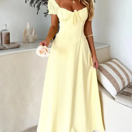 Women's Plain Lace-Up Puff Sleeve A-Line Dress, Formal Dress Hides Tummy, Sweetheart Neck Short Sleeve Long Dress for Party Holiday Wedding Guest, Statement Sleeve Wedding Dresses, Summer Wedding Guest Dresses