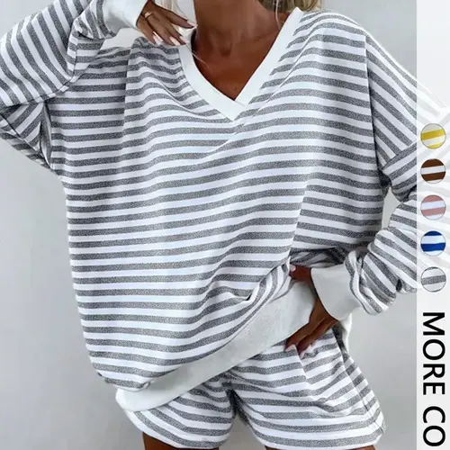 Women's Striped Print Long Sleeve Tee & High-Waisted Shorts Two-piece Set, Casual Top & Shorts for Spring, Women's Clothes for Daily Wear, Casual Lounge Set
