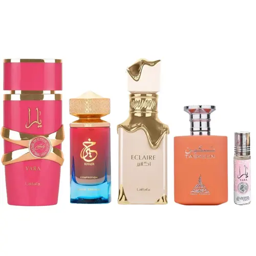 Lattafa Luxury-Inspired Arabian Pre-Filled Multi-Scent Women's Fragrance Gift Set - Yara Candy, Khair Confection, Eclaire, Taskeen, Yara Roll-On Oil - Long-Lasting Caramel Scent Perfume