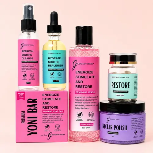 Ultimate Goddess Care Bundle – Feminine Wash, Premium Yoni Bar, Mermaid Yoni Oil, Nectar Falls Feminine Mist, Boric Acid Suppositories & Bikini Scrub