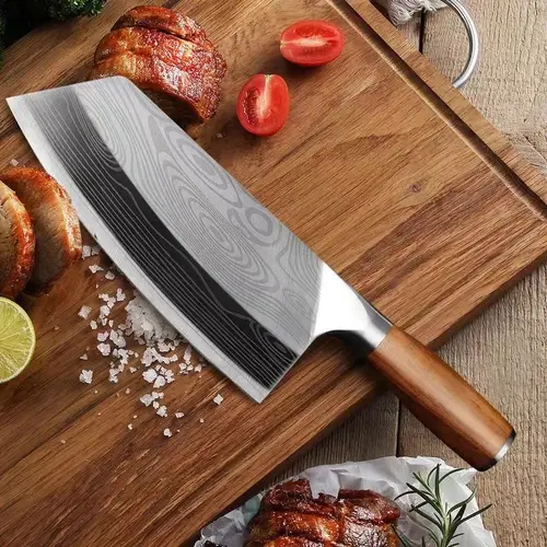 8inch Cleaver Knife , Razor sharp HC German Stainless Steel blade， lasered damascus pattern, pearwood Handle Knives