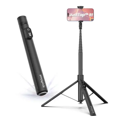 KraftGeek JustTap Tap-to-Open Bluetooth Mobile Tripod - Aluminum Camera Stabilizer, Smartphone Camera Accessories, Selfie Stick, Vlogging Gear with Silicone Mount & Magnetic Remote for iPhone