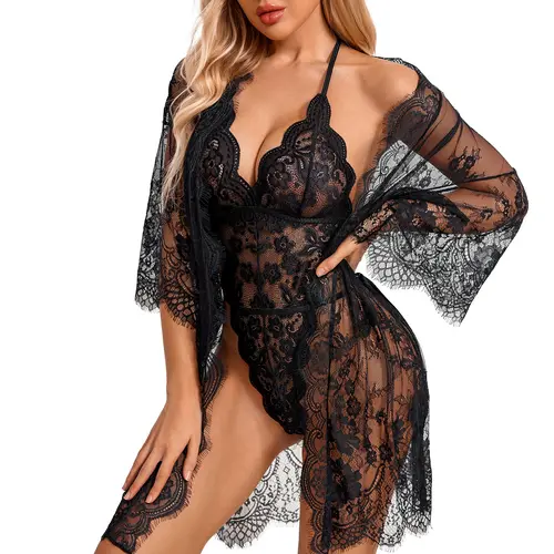Avidlove Women Hot Lingerie Set 2 Piece Lace Kimono Robe with Womenwear Lace Lingerie Bodysuit