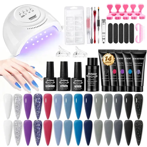JEWHITENY 14 Colors Poly Nail Gel Kit  All-in-One Starter Set with UV Lamp, Matte & Glossy Top Base Coat, DIY Home Nail Art (Purple Nude Grey Black Glitter)