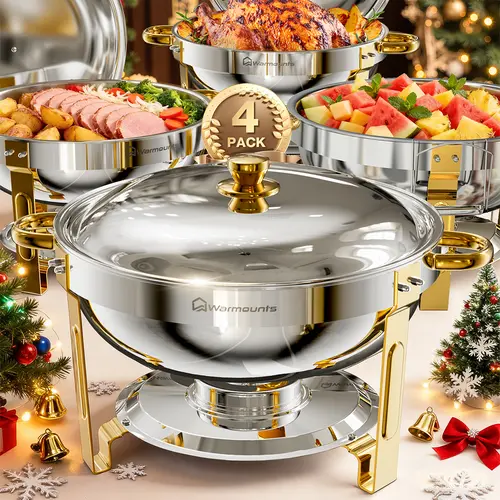 [sohochic] WARMOUNTS 5QT Gold Thermal Casserole Dishes for Buffet Serving, Round Stainless Steel/Glass Lid Chafers with Advanced Vapor Circulation, Mirror-Polished, Rolled Rim, Stackable, Detachable Lid Holder, Easy Assembly (2/4/6 Pack)