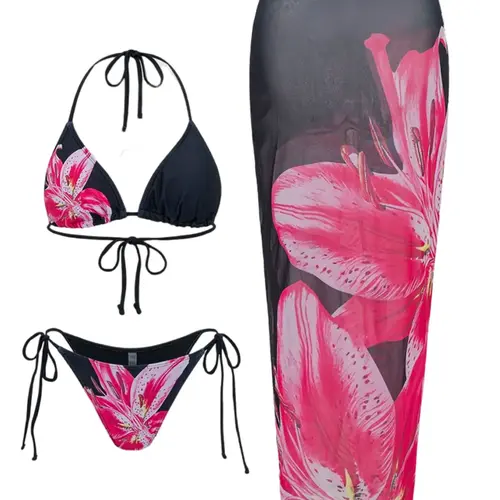 Women's Floral Print Halter Bikini Set, Casual Tie Back Contrast Mesh Swim Top & Tie Side Swim Bottom & Cover Up Skirt Set, Ladies Swimsuit Print Swimwear for Beach Holiday Vacation, Bikini With Skirt
