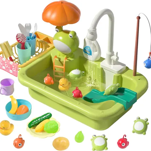 Cute Stone Unisex Cute Kitchen Pretend Play Set - Play Kitchen Tools for Kids, Upgraded Electric Running Water Faucet, Realistic Food, Frogs, Detachable Drain Rack, Cooking Learning Kit with Batteries, Gift Ideas for Ages 6-8, Spring Day Presents