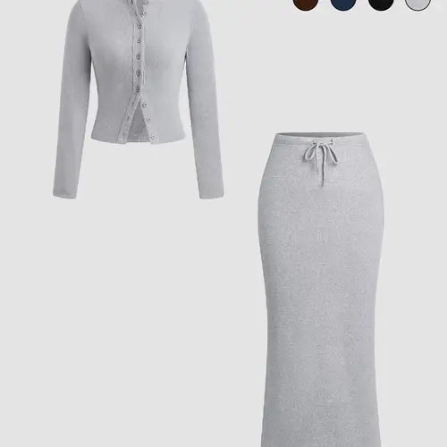 Women's Slim-Fit Long Sleeve Knitted T-Shirt Set, Elegant A-Line Skirt, Spring & Fall Fashion, Basic Style, Moderate Fabric Outfit Clothes