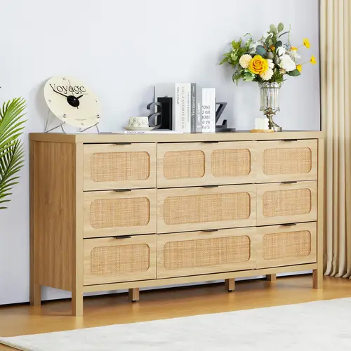 Giratree 6 9 Drawer Dresser for Bedroom, Rattan Dresser Drawer Organizer with Metal Handles, Accent Wood Chest of Drawers for Entryway, Closet, Living Room, Hallway, Nursery