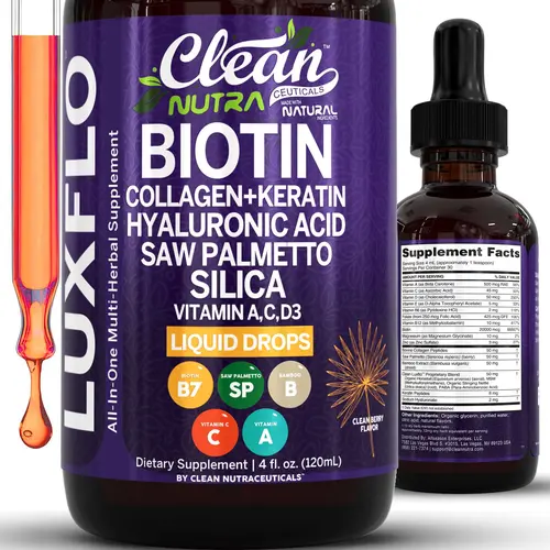 Clean Nutra Biotin, Collagen + Keratin, Hyaluronic Acid, Saw Palmetto, Silica, Vitamin A C D3, Bamboo, Zinc, & More for Hair, Skin and Nails Liquid Drop – LuxFlo