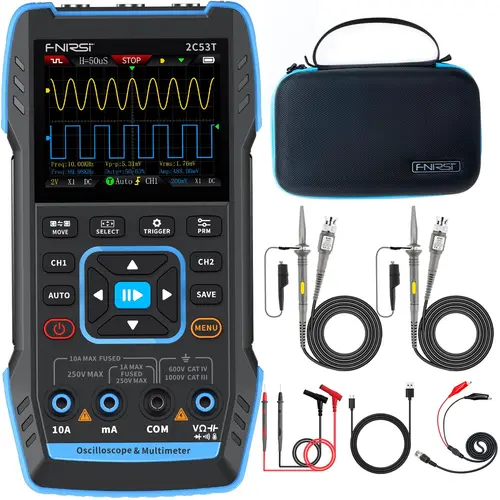 FNIRSI 2C53T Upgraded Handheld Oscilloscope  50MHz Bandwidth  3IN1 Digital Oscilloscope Multimeter DDS Generator  250MS/s Sampling Rate  19999 Counts  Voltage  Current  Capacitor  Resistor  Diode Test, Display, Export, Storage, Frequency, 400V Max Input,