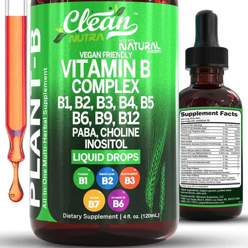 Clean Nutra Vitamin B Complex, B1, B2, B3, B4, B5, B6, B9, B12, Paba, Choline Inositol & More Beet Supplement Liquid Drops - Plant-B