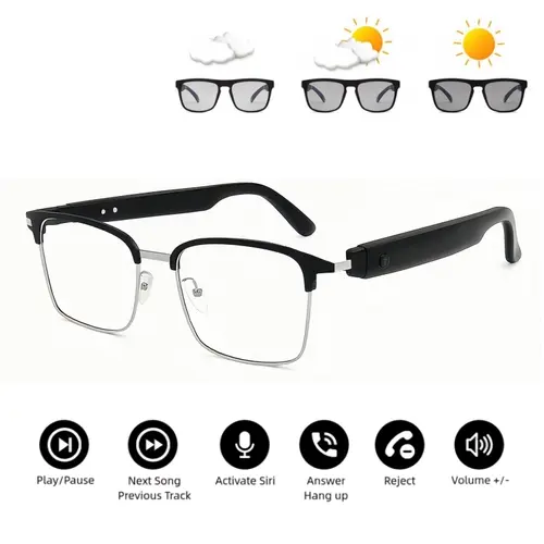 Bluetooth Audio Smart Glasses with Photochromic UV-Activated Lenses, Black Silver Metal Frame, Surround Sound, Built-In Microphone & Hands-Free Calling Wearable Device, Black Silver Frame