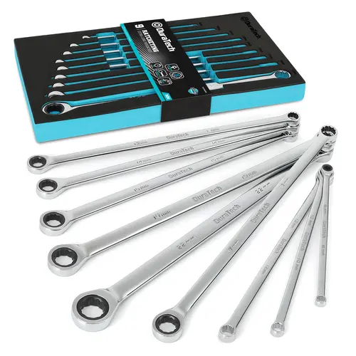 #SpringGlowUp DURATECH Extra Long Ratcheting Wrench Set, Double Box End Wrench Set, Metric, 9-Count, 8,10,12,13,14,16,17,19,22 mm, CR-V Steel, with EVA Foam Tool Organizer
