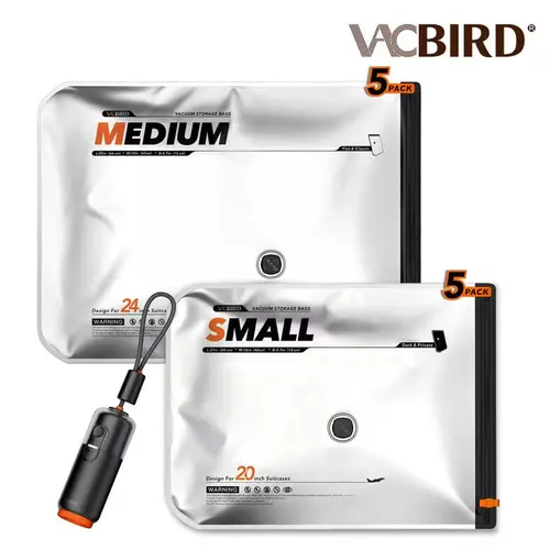 Vacbird U8 10-Piece Eco-Friendly Matte Finish Compression Dustproof Storage Bags Set with 4000Pa Cordless 2-in-1 Rechargeable USB-Battery Air Pump, Portable Vacuum Storage Bags for Clothes, Home Organizer Supplies