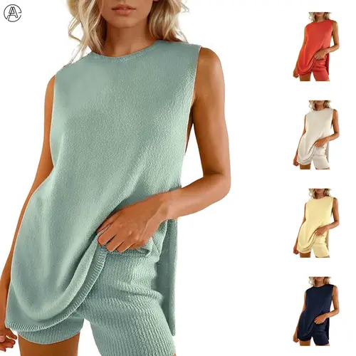 Arssm Women Summer Sleeveless Sweater Sets Knit 2 Piece Outfits Tunic Tank Top Matching Shorts Vacation Beach Sets