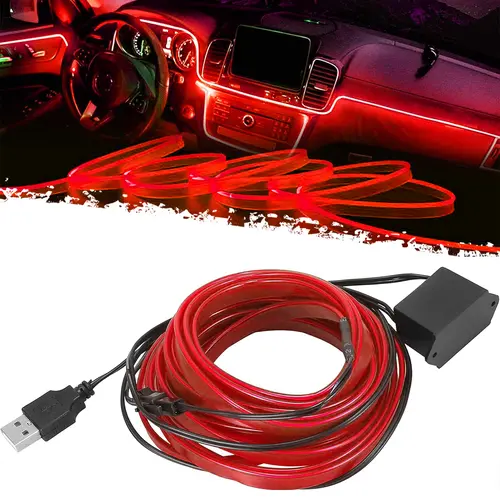 DIBMS EL Wire Interior Car LED Strip Lights, USB Neon Glowing Strobing Electroluminescent Wire Lights with 6mm Sewing Edge, Ambient Lighting Kits for Cars Garden Decorations, USB Powered Car Interior Fiber Light (5M/16.5FT, Red) Car Door Led