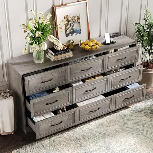 [SohoChic] Vabches Wooden Storage Cabinet 9 Drawer Wide Dresser Organizer with Charging Station Tall Dresser for Hallway Wood Dresser with Metal Handles