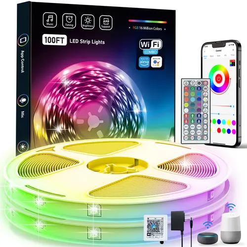 KEXU WiFi RGB LED Strip Lights (100ft, 50ft) - Remote & App Control, Alexa & Google Assistant Compatible - Home Improvement Lighting with Dorm Decor, Cute Room Stuff, Whimsical & Chill Room Accessories