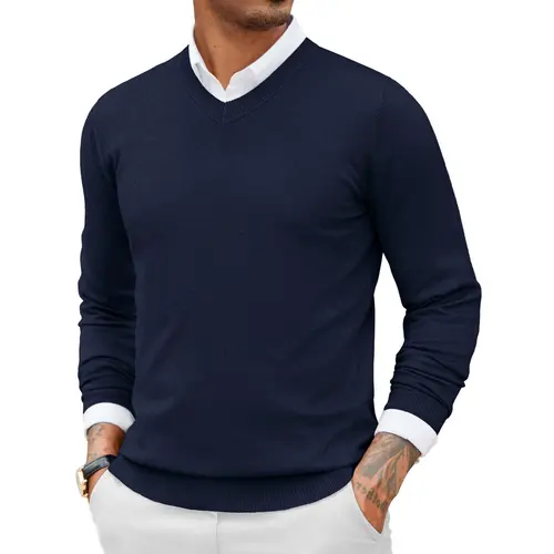 COOFANDY Fall Outfits Knitted Ribbed V-neck Casual Jumper Knitwear Classic Fabric Lightweight Fashion Menswear Shirt Soft Sweater Office（Only the crew neck sweater is for sale）