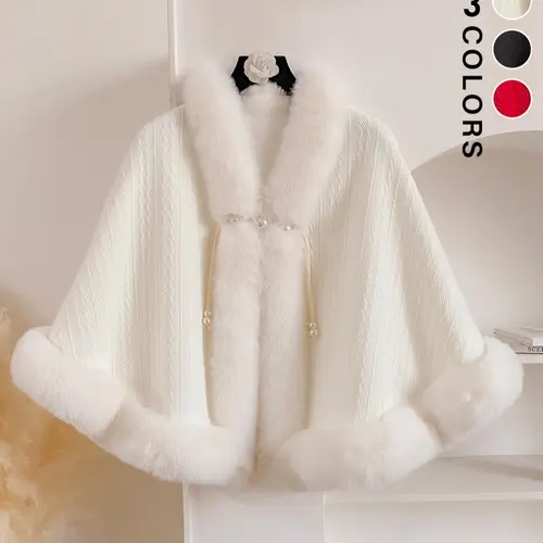 Women's Solid Color Contrast Faux Fur Cape Shawl, Fashion Neck Shawl, Casual Soft Warm Shawl for Fall & Winter, Fashion Accessories for Daily Wear