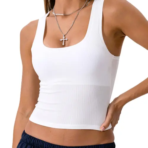Danysu Women Rib Tank Top Padded Workout Top Square Neck Crop Tank Fitted Basic Cami Tops Casual Everyday Wear Sleeveless Womenswear Minimalist