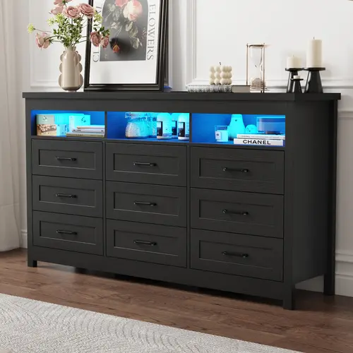 Black Farmhouse 9-Drawer LED Light Bedroom Dresser - 63" Wide Modern Wood Organization Cabinet with Charging Station, 1 Type-C Port, Large Storage, Interior Design Home Furniture for Bedroom, Living Room, Drawers For Bedroom