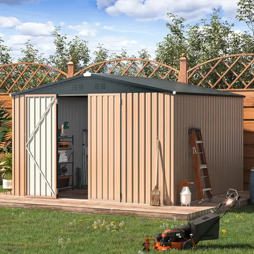 【2/3 Packages may arrived at different times】AECOJOY Metal Storage Shed Lockable Doors Steel Frame Galvanized Coating Suitable for Garden Backyard Air Vents Sloped Roof Durable Design Spacious Storage Modern Organizer Patio White Wood