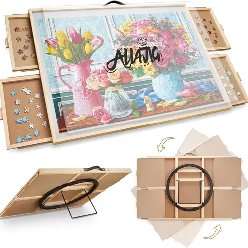 ALL4JIG 2-in-1 Puzzle Board for Adults and Mother’s Day Gift  with Wooden Tabletop Drawers Rotating Lazy Susan Dustproof Cover Tilting Angle Adjustment Portable Eco-Friendly Design puzzle board tilting and rotating