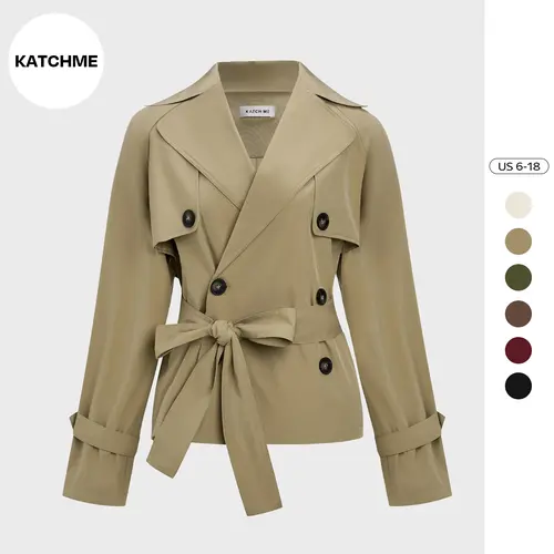 Katch Me Chic Women's Commuter Notch Lapel Double Breasted Detachable Belt Trench Coat, Fall & Winter Plain Wrap Tie Waist Outerwear Jacket, Casual Trench Coat