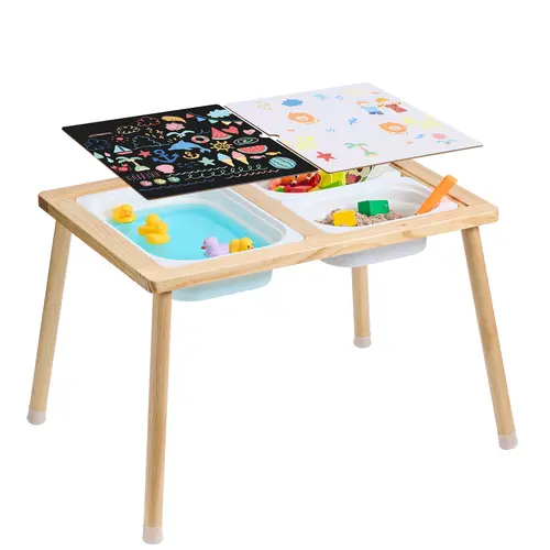 【BackToSchool】【Thanksgiving】VEVOR Pine Wooden Sensory Table for Toddlers - Kids Play Desk with 2 Double-Sides Boards, 3 Foldable Storage Bins, Tool-Free Setup, Indoor/Outdoor Sand & Water Activity Table