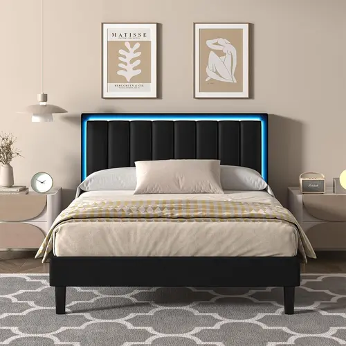 HOMBCK Upholstered Modern Bed Frame, LED Lights, No mattress, PU Leather Headboard, Wood and Metal Slats Support, Noise Free, No Box Spring Needed#SohoChic#Homemakeover