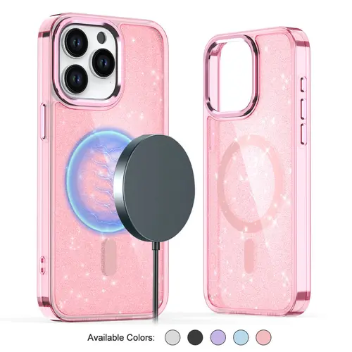 Glitter Bling MagSafe Magnetic Acrylic Smartphone Case - Strong Magnet, Wireless Charging Compatible, Shockproof, Waterproof, Durable Protection for iPhone 12/13/14/15/16/17 Pro Max Handheld Cellphone Devices, Back to School Gift Mobile Phone Accessory, C