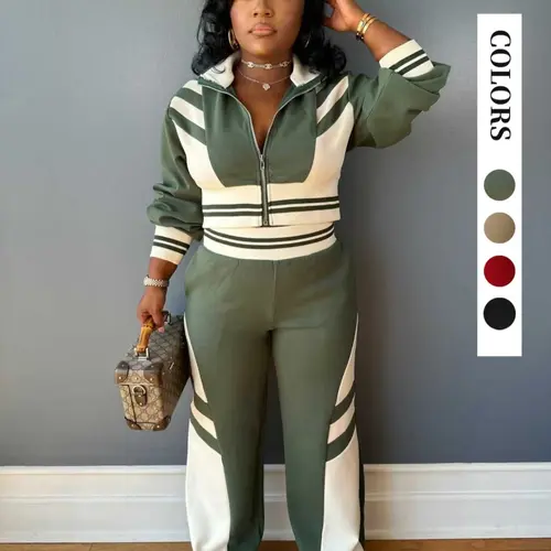 Women's Colorblock Print Zip Up Crop Jacket & Pants Two-piece Set, Casual Matching Set, Casual Fashion Cozy Breathable Two Piece Outfits for Daily Outdoor Wear, Women Clothes for Fall & Winter