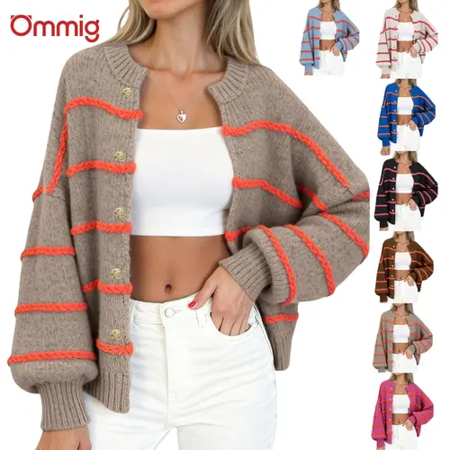 Ommig Women's Cute Knitting Cardigan - Baggy Striped, Thick Knit, Crew Neck, Button Front, Full Length, Long Batwing Sleeves, Retro Vintage Style for Cozy Fashion, New Year Holiday Wear