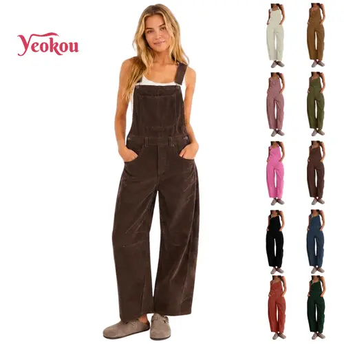Yeokou Women’s Corduroy Bib Overalls - Fitted Clothing with Adjustable Straps, Barrel Wide Legs, Pockets, V-Neck, Corduroy Texture - Casual Daily Staple for Picnic Wear