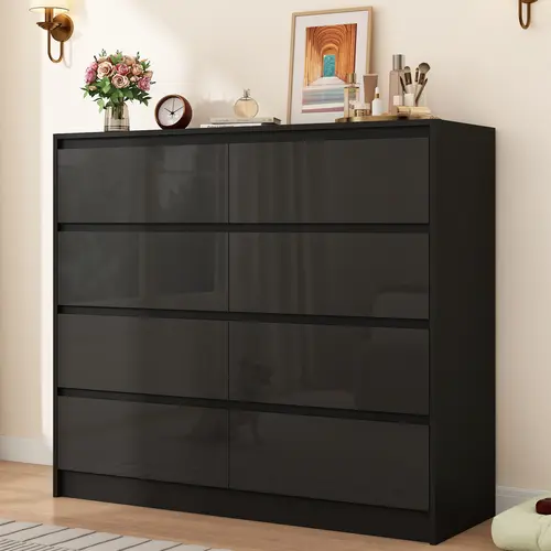 Minimal White 8-Drawer Bedroom Dresser Furniture - High-Gloss Finish, Handle-Free Design, Sturdy Frame Cabinet for Bedroom, Living Room, Dressers, Drawer Organization,dorm essentials,home decor