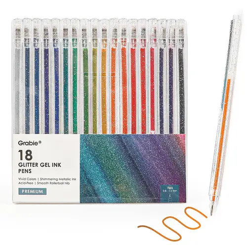 Grabie Dual Tone Iridescent Glitter Gel Ink Pens - 18 Vibrant Shades Multi Color Pens with Fine-Point Crisp Line, Smooth Nib Glitter Inks for Lettering, Scrapbooking, Back to School Class Reward Gift Idea