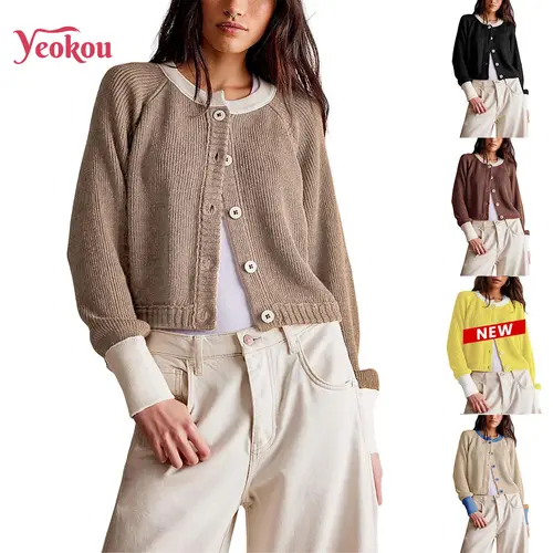 Yeokou Women's Knitting Cardigan - Cute Colorblock Long-Sleeve Button-Up Round Neck Slouchy Cropped Sweater for Chic Women's Knitwear & Cropped Chic Look