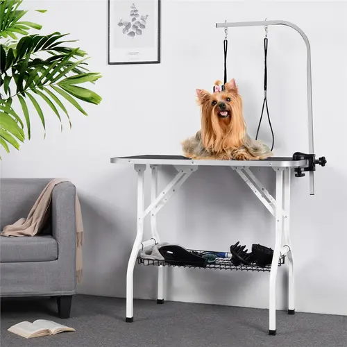 Yaheetech 36in Portable Dog Grooming Table - Foldable Pet Grooming Table with Secure Leash, Double Loops, Mesh Tray, Adjustable Arm