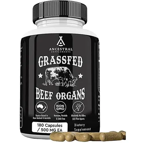 Ancestral Supplements Grass Fed Beef Organ Capsules, Whole Food Dietary Supplement for Daily Wellness & Nutrient Support, Non-GMO, 180 Count  Fitness