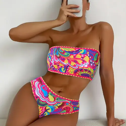 Two-piece Set Women's Plants Print Contrast Binding Bandeau Bikini Set, Strapless Swim Top & Swim Bottom Two-piece Swimsuit for Beach Holiday Vacation, Ladies Swimwear Tropical Print Bikinis for All Seasons, Swimsuit Sets