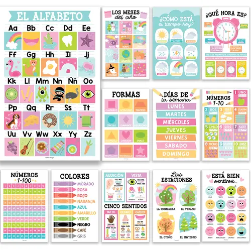Colorful Pastel Spanish Posters | Set of 12 | Spanish Educational Supplies TikTok Shop Duplicate Alphabet Learning Chart Visual Learning Tools Homeschool Teaching