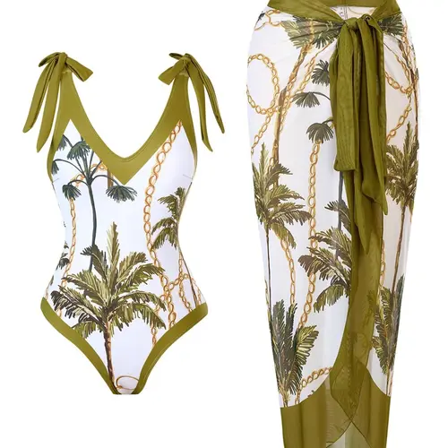 Women's Plants Print One-Piece Swimsuit & Sheer Bathing Suit Cover Up Skirt Set, Casual Fashion Swimwear Set for Beach Holiday Vacation, Ladies Swimsuit for All Seasons, Summer Coverup, Beachwear Cover Up, Swimsuit Coverups