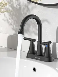 Hurran Modern 4-Inch Centerset Matte Black Bathroom Faucet, 2-Handle Lead-Free Fingerprint-Resistant Tap, 20% Water-Saving Countertop Sink Tap with Installation Kit & Pop-Up Drain (For Powder Rooms, Rinsing, Laundry Rooms), Stainless Steel, Indoor, Metall