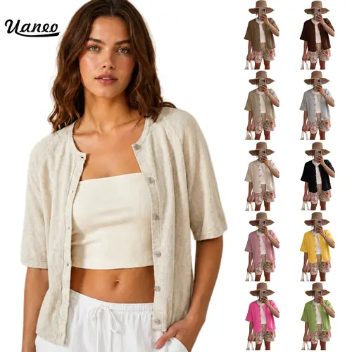 UANEO Women's Short Sleeve Cardigan Knit Sweater Top - Crew Neck Button Down Soft Knitting Fabric, Lightweight Breathable Shrug, Casual Work Office Cover Up, Versatile Spring Summer Outfits Layering #everydaybasics,womenswear,vacation,knitwear